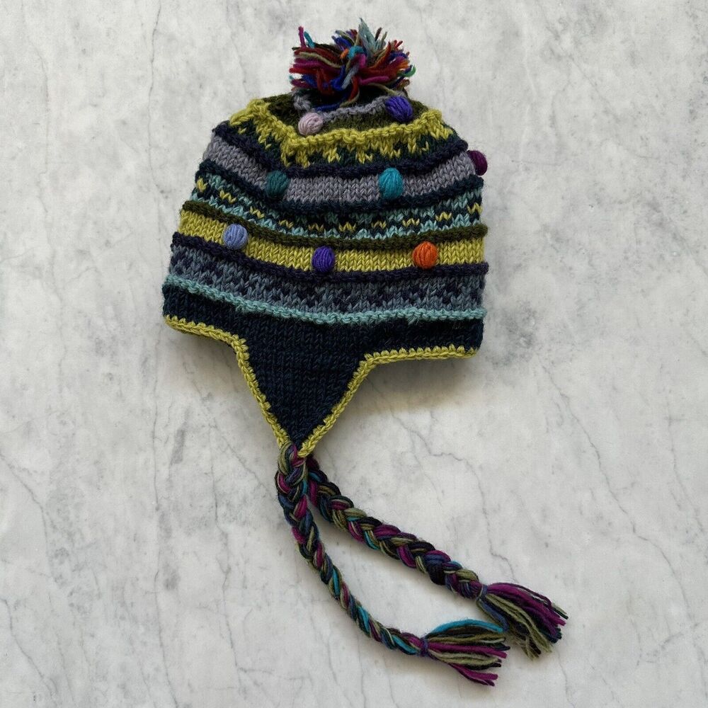 Ganesh Himal Handknit Wool Hat w/ Earflap & Babbles, Multi-Colored, Fleece Lined